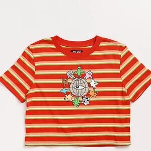A-Lab Quinnie Globe Red Stripe Crop T-Shirt Size M